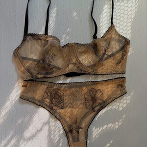 Kinky Lingerie Set, See Through Lingerie, Nude Mesh Floral Pattern