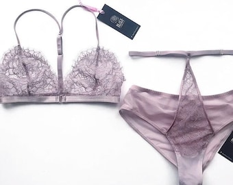 Eyelash Lace Lingerie - Sheer Purple Bralette and Panty Set - Valentines Day Gift