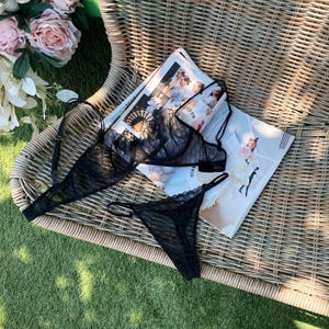 Garter Lingerie Set, Sheer Bra and Thongs, Adjustable Garter Belt, Elegant Nightwear image 6