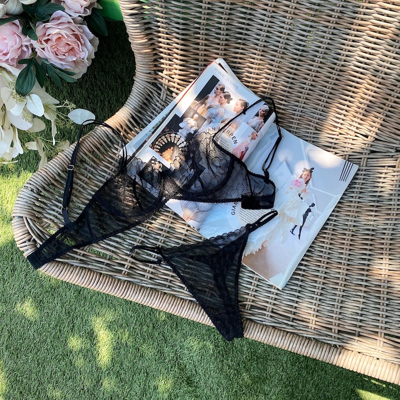 Garter Lingerie Set, Sheer Bra and Thongs, Adjustable Garter Belt, Elegant Nightwear image 6