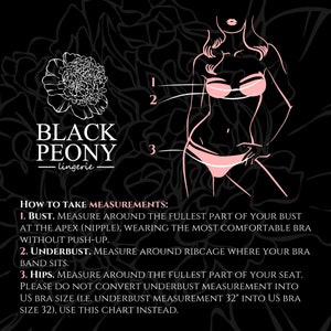 May include: Black and white graphic with a lingerie theme. The image includes a stylized illustration of a woman in lingerie, measurement instructions, and the text "BLACK PEONY lingerie."