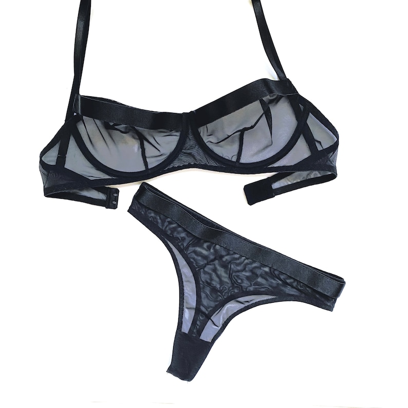 Black Mesh Lingerie Set With Transparent Bra and Thongs Anniversary