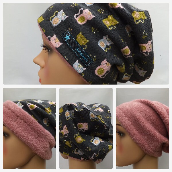 Beanie Größe 56-58,  Chemo, Alopezie, warme Mütze für Teenager und Frauen, Fleece/ Baumwolle Katze rosa