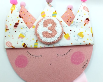 Birthday crown, fabric crown for children's birthday with interchangeable numbers in fluffy punch needle technique, party crown
