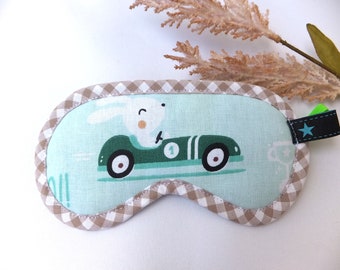 Kinder Schlafmaske verstellbar, Schlaf Brille Hase im Auto, handgemacht aus Bio- Baumwolle