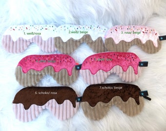 Kinderschlafmaske Cup Cake verstellbar, Schlaf Brille bestickt, 7 verschiedene Modelle, Baumwolle