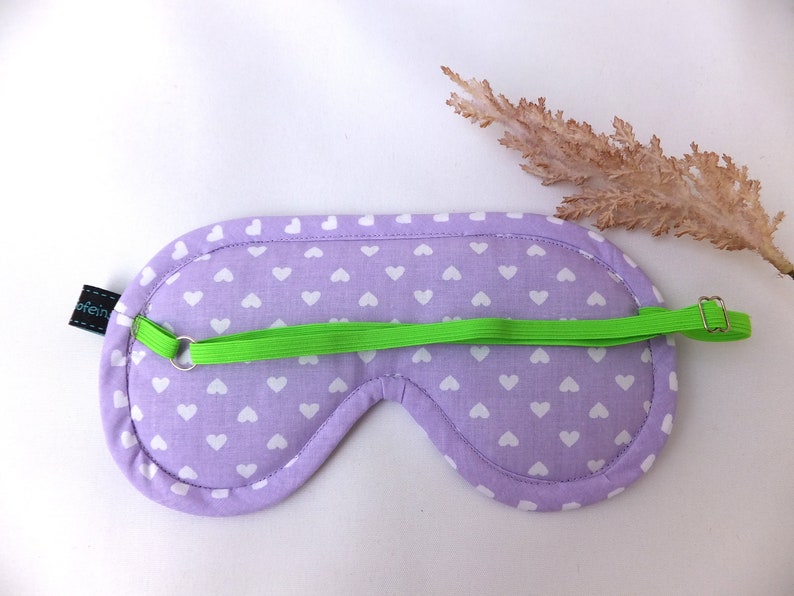 Schlafmaske verstellbar, Schlaf Brille handgemacht für Teenager und Große, Gesichtsmaske Lavendel Herz, reine Baumwolle Bild 2