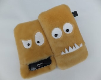 Handyhülle Monster beige, Monster Handy Tasche veganes Kunstfell, Handarbeit in verschiedenen Größen