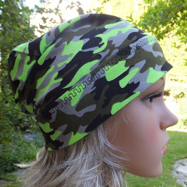 Beanie, leichte  Kopfbedeckung,  Chemo Mütze, Alopezie, für Kopfweite 56 cm- 58 cm, 100 % Baumwolle Camouflage Neon grün