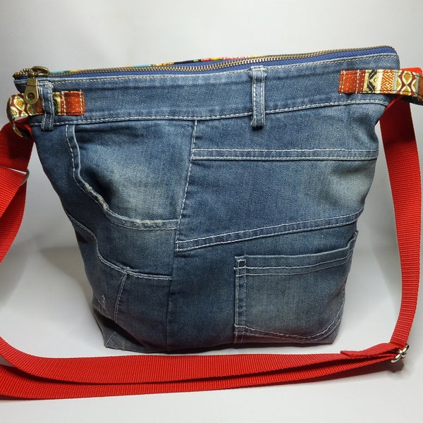 Jeans Tasche blau, Umhängetasche Madonna, Tasche Jeans upcycling, reine Handarbeit