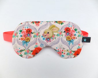 Schlafmaske verstellbar, handgemacht für Große , Schlaf Brille Hase mit Blumen, Bio- Baumwolle