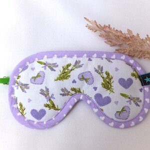 Schlafmaske verstellbar, Schlaf Brille handgemacht für Teenager und Große, Gesichtsmaske Lavendel Herz, reine Baumwolle Bild 1