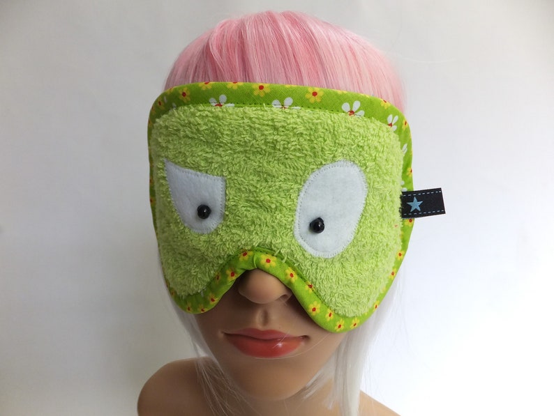 Schlafmaske verstellbar, handgemachtes Monster für Erwachsene und Teenager, Schlaf Brille grüne Bio Baumwolle grün Bild 4