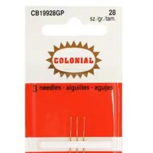 May include: A pack of three gold-plated tapestry needles, size 28, by Colonial. The packaging is white and red with the text CB19928GP, 28 sz./gr./tam., 3 needles - aiguilles - agujas, Petites aiguilles à tapisserie plaquées or, and Gold Plated Tapestry Petites.