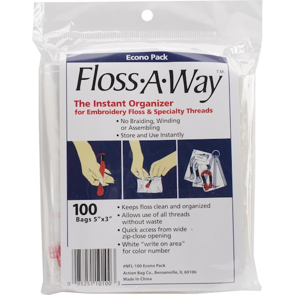 Floss-A-Way Organizer Bags for Cross Stitch Embroidery Floss, Stranded Cotton, Silks, Specialty Fibers ~ 100 Bags