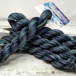 May include: Several twisted hanks of yarn featuring a variegated color palette of deep navy blue, dark purple, and accents of teal green. A rectangular product tag with blue and white graphics is attached to the top of the yarn bundles.