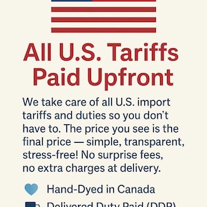 May include: A graphic featuring the United States flag above the text All U.S. Tariffs Paid Upfront. Below is text explaining that import tariffs and duties are covered, followed by bullet points with a blue heart, a truck, and a U.S. flag icon.