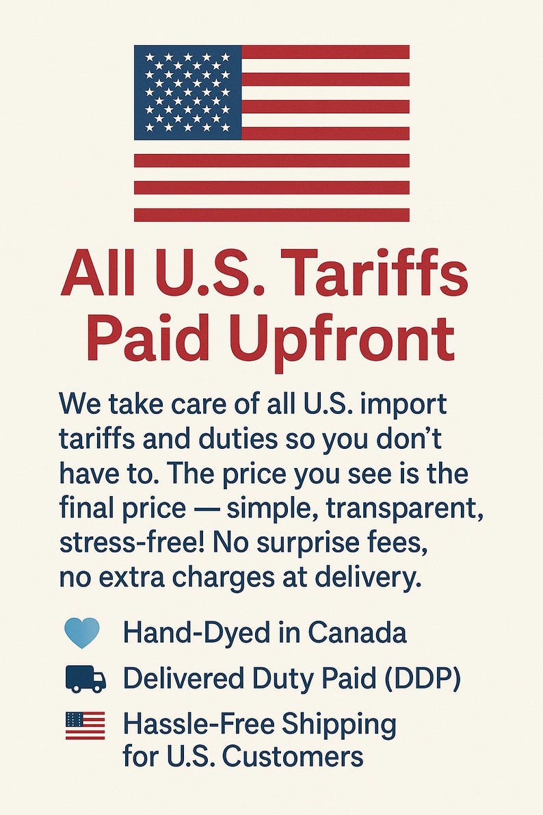 May include: A graphic featuring the United States flag above the text All U.S. Tariffs Paid Upfront. Below is text explaining that import tariffs and duties are covered, followed by bullet points with a blue heart, a truck, and a U.S. flag icon.