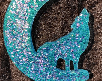 Wolf with moon glitter resin art sun catcher!