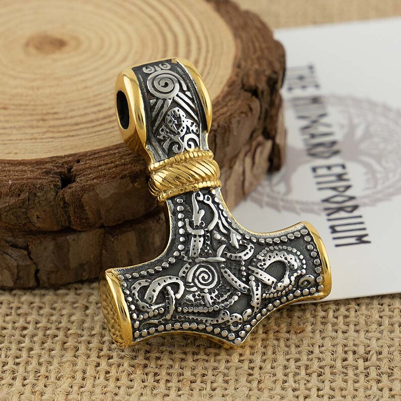 Viking Necklace Thors Hammer With Gold Trim Stainless Steel Etsy