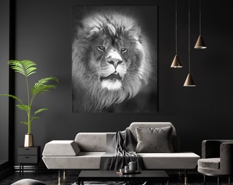 Lion Photograph, African Art, Safari Decor, Lion Face Poster, Lion Closeup, Black and White Lion, Lion Wall Art, Wild Life Photography