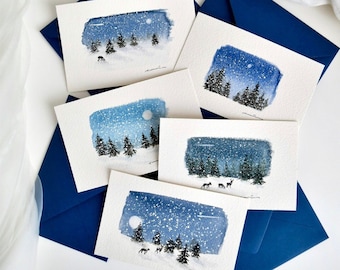 Cinque biglietti di auguri di Natale dipinti a mano ad acquerello