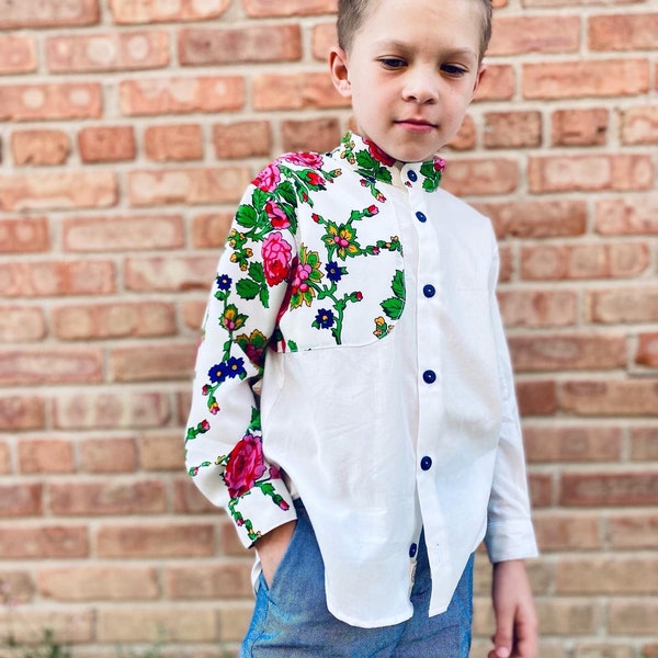 Boys Shirt button down Polish folk motifs goralski style Cleo fabric Slavic folk kids shirt