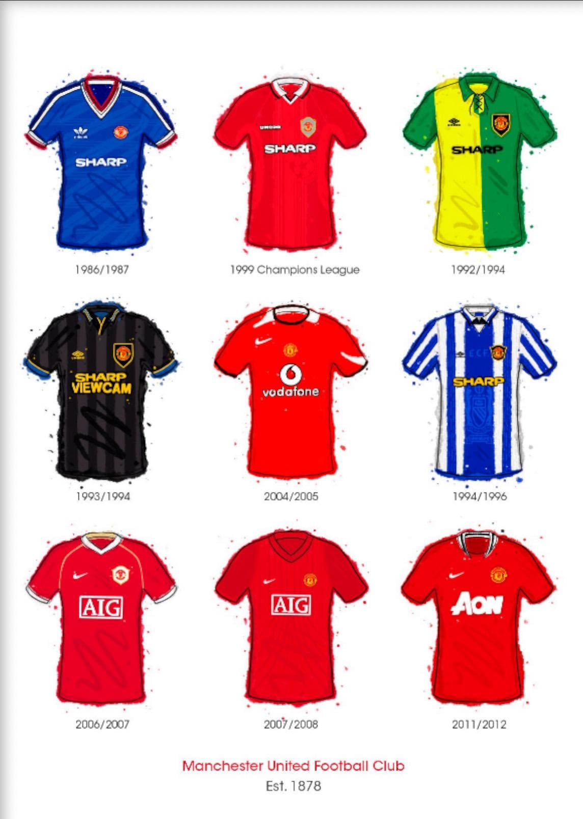 Manchester United Classic Shirts (x9) - Art Print - Etsy