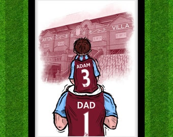 May include: A cartoon illustration of a father and son wearing Aston Villa football jerseys. The father is wearing a maroon jersey with the number 1 and the word "DAD" on the back. The son is wearing a maroon jersey with the number 3 and the word "ADAM" on the back. The background is a blurred image of the Aston Villa stadium.