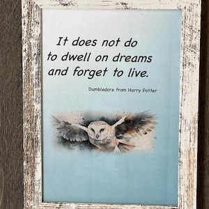 May include: Framed art print featuring a watercolor owl with outstretched wings against a light blue background. The print includes the quote "It does not do to dwell on dreams and forget to live" attributed to Dumbledore from Harry Potter. The frame has a distressed, white-washed finish.