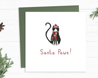 Printable SANTA PAWS Cat Christmas Card with Envelope - Square - E Card