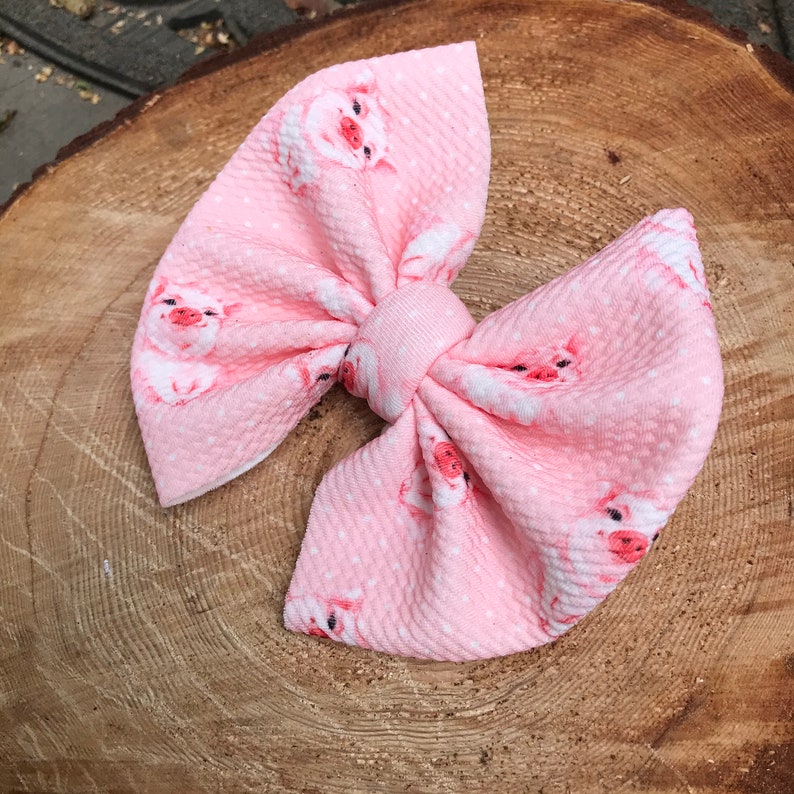 Baby and Kids Bows Handmade and Hand Tied on Alligator Clip or Nude Nylon Cute Pink Pig Bow
