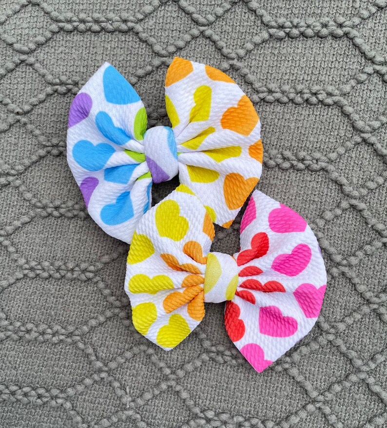 Rainbow Hearts Bow on Alligator Clip or Nylon