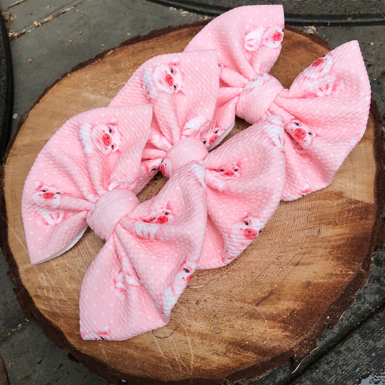 Baby and Kids Bows Handmade and Hand Tied on Alligator Clip or Nude Nylon Cute Pink Pig Bow