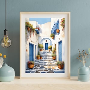 Santorini Watercolor Art Print: Greek Island Aegean Sea (Digital Download)