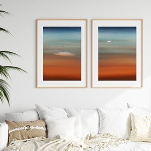 blue & orange sunset with moon and clouds wall art - set of 2 | abstract printable art |  *INSTANT DOWNLOAD*