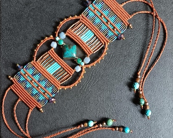 Macrame cuff bracelet with gemstones.