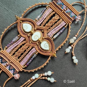 Macrame cuff bracelet with gemstones.