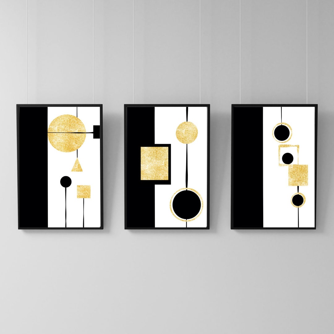 Contemporary Black and Gold Abstract Art Print Set, 3piece Bundle for