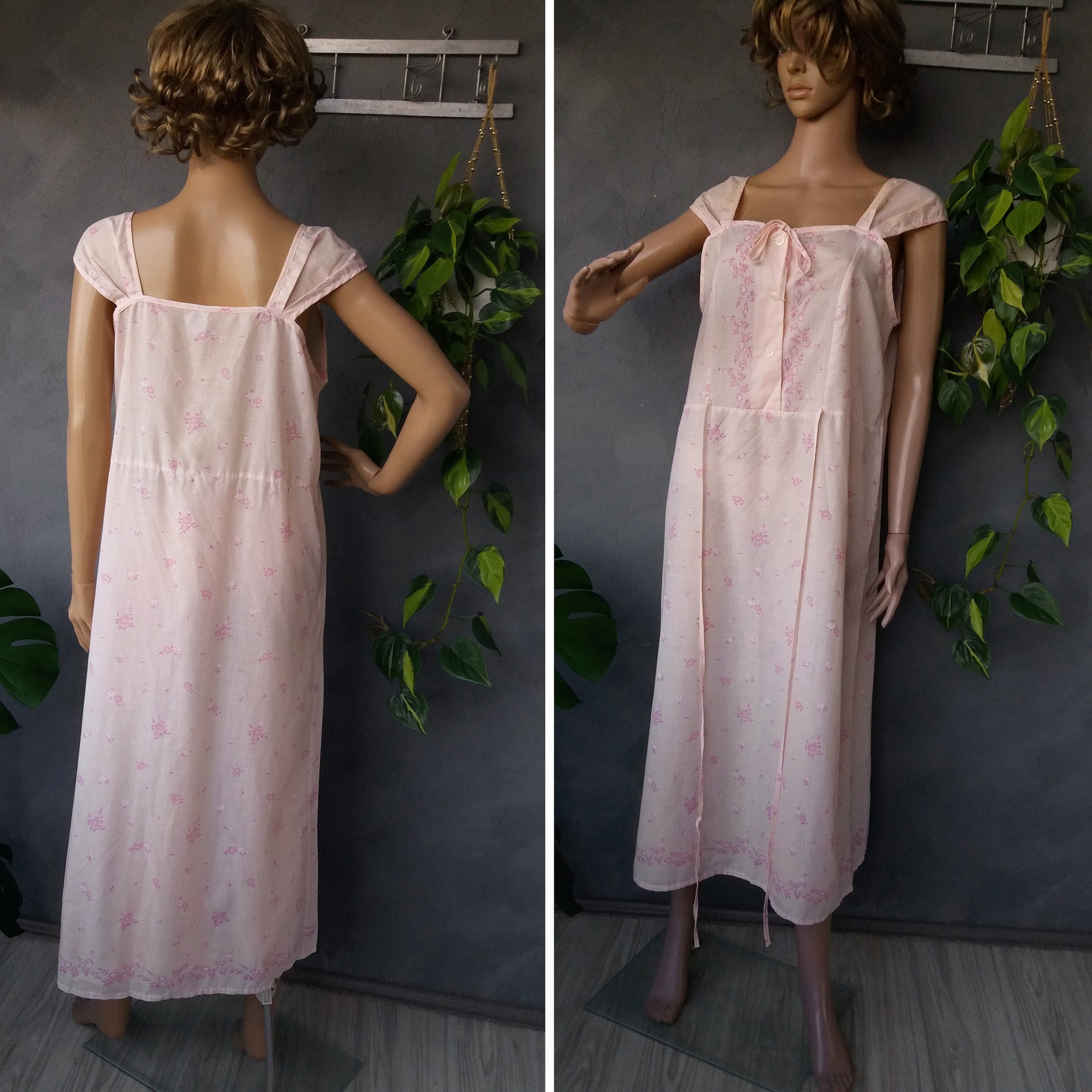Vintage Pink Floral Night Gown Sleeping Dress Size Around Etsy