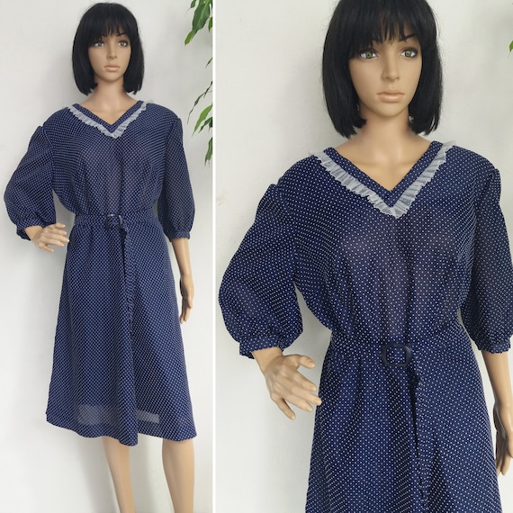 Vintage Polka Dot Dress Navy Blue 30s or 70s Dress