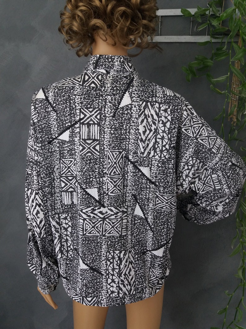 Speed Vintage Cotton Shirt Black White Oversize Bat Sleeve Printed Women/'s Blouse size around Large