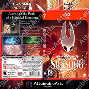 May include: A red and black Nintendo Switch game case for Hollow Knight: Silksong. The case features a character with a white mask and red cape, with the game title and a summary of the game's story. The case is labeled "Case Only."
