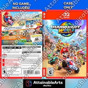 May include: A red Nintendo Switch game case featuring the game "Mario Kart World." The front cover shows Mario in a kart, surrounded by other characters. The back cover has game details and the text "A World of Racing Awaits."