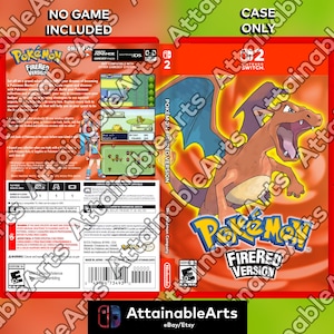 May include: A red Nintendo Switch game case for "Pokemon FireRed Version." The case features a Charizard illustration and the game's logo. The back of the case shows game details and screenshots. "No game included" is printed at the top.