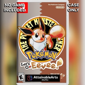 May include: A brown and yellow Nintendo Switch game case featuring a picture of Eevee from the Pokemon franchise. The case reads "Let's Go Eevee!" and "The Pokemon Company" and "Nintendo". The case also states "Case Only" and "No Game Included".