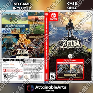 Op de afbeelding: Een Nintendo Switch-gamecase voor The Legend of Zelda: Breath of the Wild Expansion Pass. De case is rood en zwart met een afbeelding van Link op de voorkant. De achterkant van de case toont het logo van de game en een beschrijving van de uitbreidingspas. De case bevat ook een kleine inleg met een afbeelding van de DLC-inhoud.