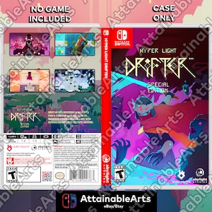 May include: Hyper Light Drifter Special Edition Nintendo Switch game case. The cover features a character in a red cloak and helmet with a purple and blue background. The back shows screenshots and game details. "No game included" is printed at the top.