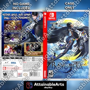 以下が含まれることがあります： 「ベヨネッタ2」のNintendo Switchゲームケース。ケースは白の月と雲のある青色。ケースの前面には、黒い服装で銃を持った、長い黒髪の女性が描かれている。「ベヨネッタ2」の文字がケースの前面に白で印刷されている。