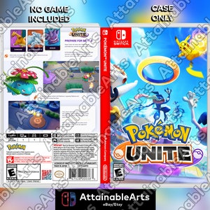 May include: A Nintendo Switch game case for Pokemon Unite. The case is blue and white with a picture of Pikachu, Lucario, and other Pokemon characters on the front. The back of the case has a picture of a Pokemon battle scene. The text "Pokemon Unite" is printed in large, bold letters on the front of the case.